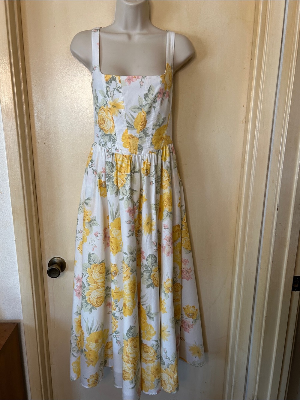 Wayf White Floral Corset Midi Dress with Yellow Roses size S